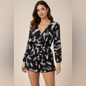 Womens Express Pull On Romper, Black White Feather Print Sheer Long Sleeves XS